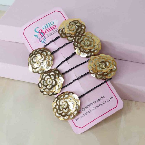 Gold ethnic Flower bob pins pack of 6 - Image 2